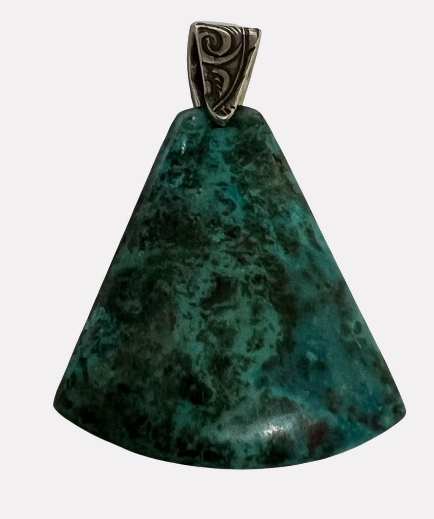 Heart Speak - Chrysocolla Rounded Triangle Pendant Pewter Bail 2.3"