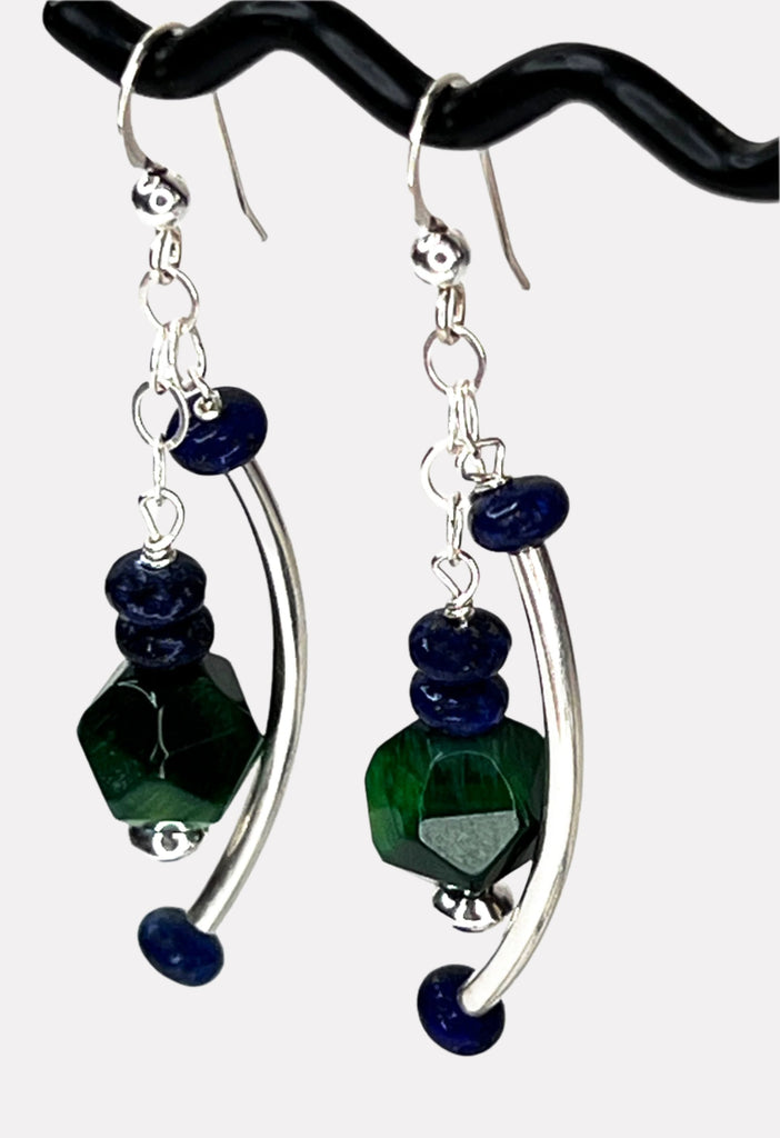 Vision of Heart & Mind Earrings - Green Tiger Eye, Lapis Lazuli, Sterling 2.2"