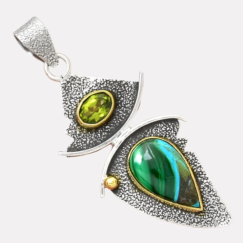 Malachite In Chrysocolla & Peridot Two-Tone Pendant