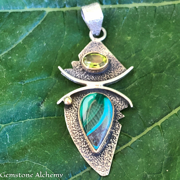 Malachite In Chrysocolla & Peridot Two-Tone Pendant