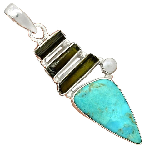 Unite Earth and Sky Pendant - Sleeping Beauty Turquoise, Green Tourmaline and Pearl .925 Sterling 2.25"