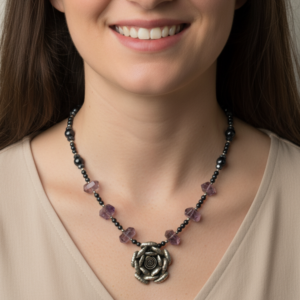 Rose of Peace & Strength - Amethyst and glass pearls