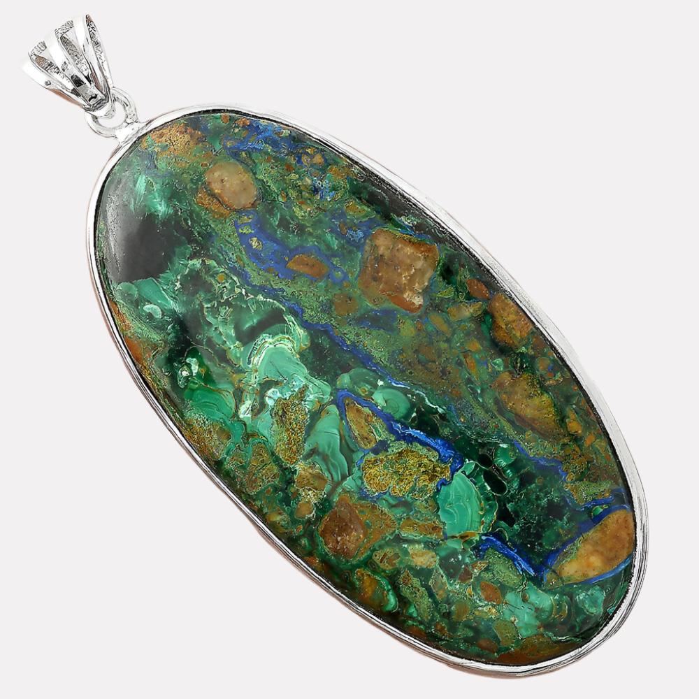 Heavenly Azurite In Malachite Pendant 2.5" .925 Sterling