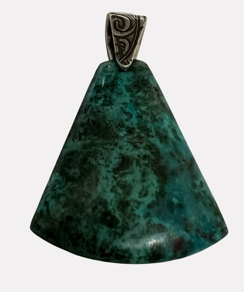 Heart Speak - Chrysocolla  Rounded Triangle Pendant  Pewter Bail 2.3"