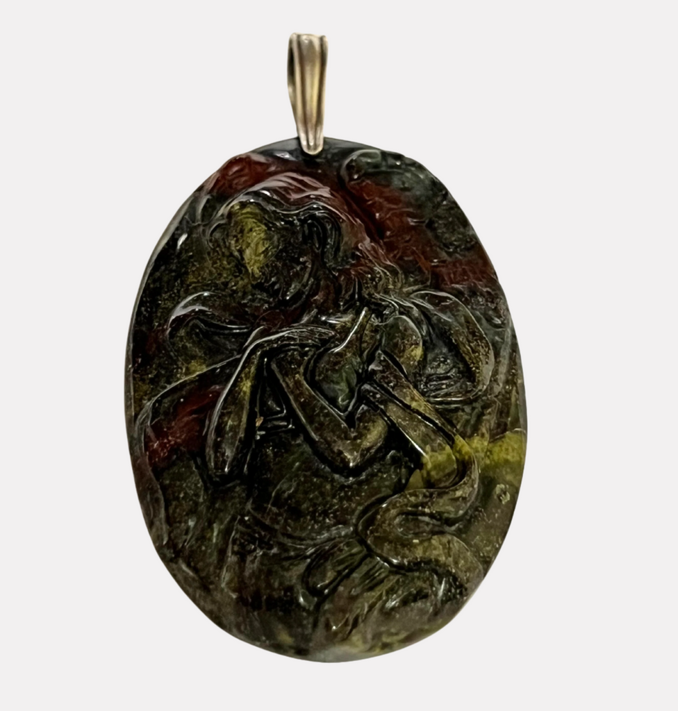 Bloodstone Angel Dragon Pendant Sterling Silver .925 Bail