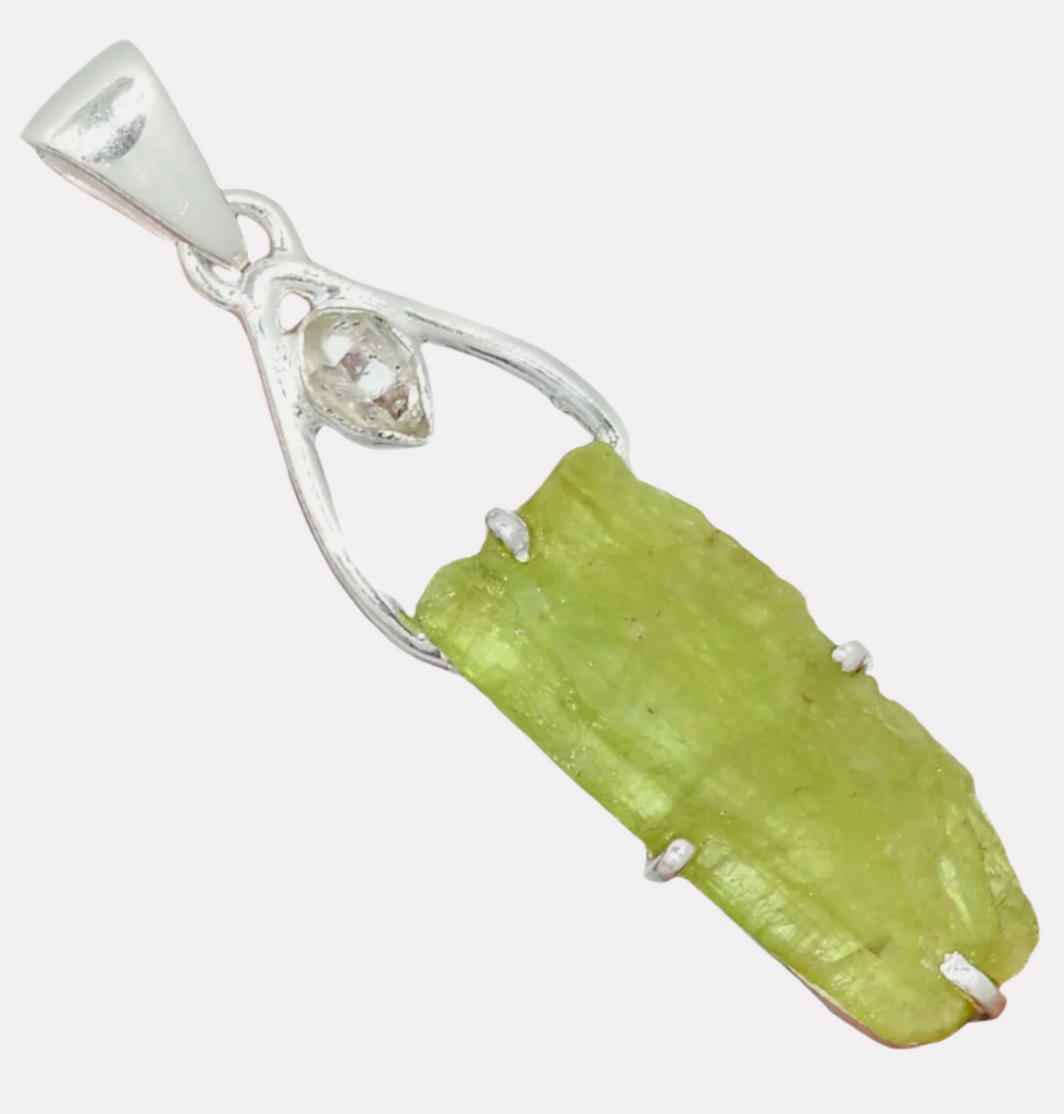 Green Kyanite and Herkimer Diamond Pendant Rough - 2” .925 Sterling