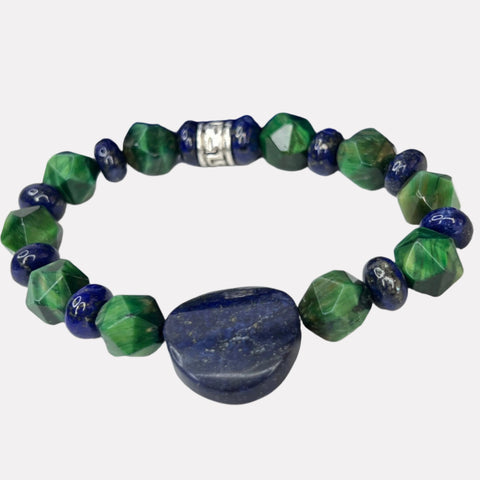 Vision of Heart & Mind Bracelet  - Green tiger, Lapis Lazuli, Pewter - 6-7”