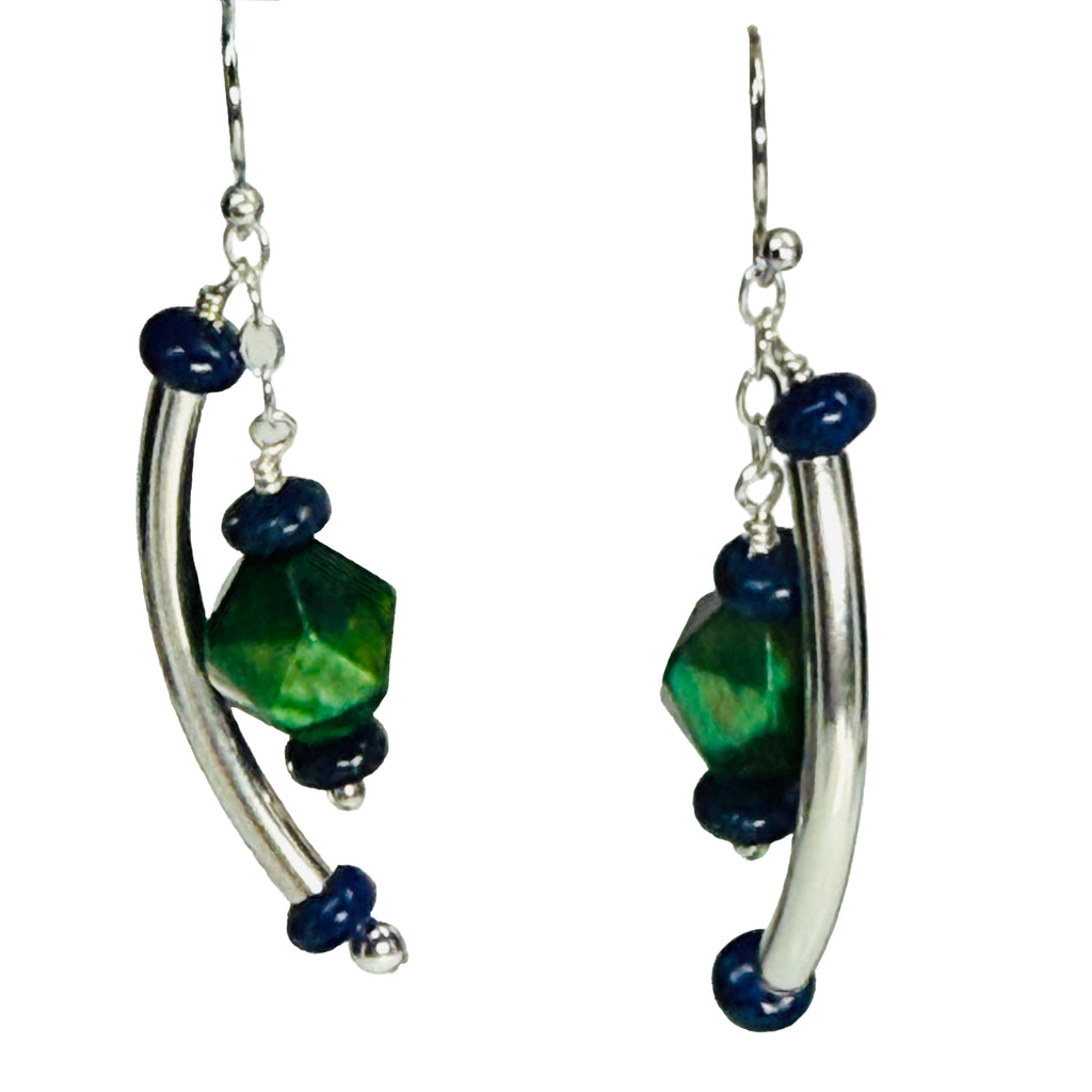 Vision of Heart & Mind Earrings - Green Tiger Eye, Lapis Lazuli, Sterling  2.2"