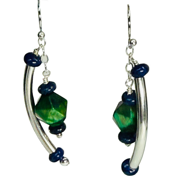 Vision of Heart & Mind Earrings - Green Tiger Eye, Lapis Lazuli, Sterling  2.2"