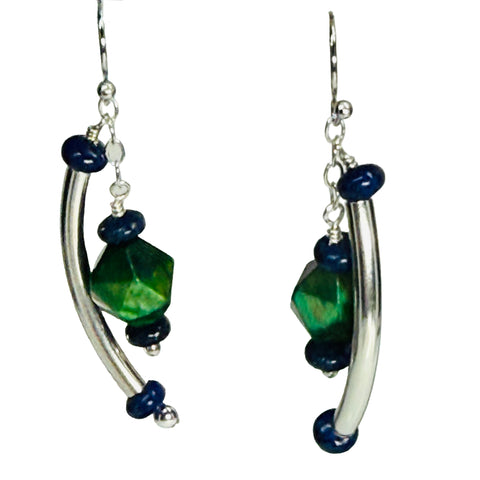 Vision of Heart & Mind Earrings - Green Tiger Eye, Lapis Lazuli, Sterling  2.2"
