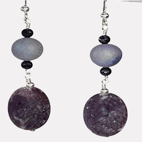 Cosmic Uplift Earring Lepidolite, Aura Druzy, Sworovski pearls, sterling silver 2.75”
