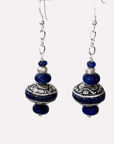 Lapis, Tibetan Silver and Sterling Silver Earrings 2.5”