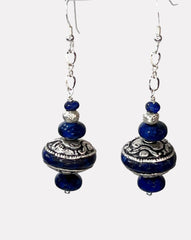 Lapis, Tibetan Silver and Sterling Silver Earrings 2.5”