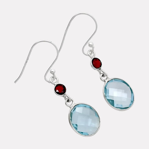 Authentic Clarity - Blue Topaz and Garnet Checker Design Earrings