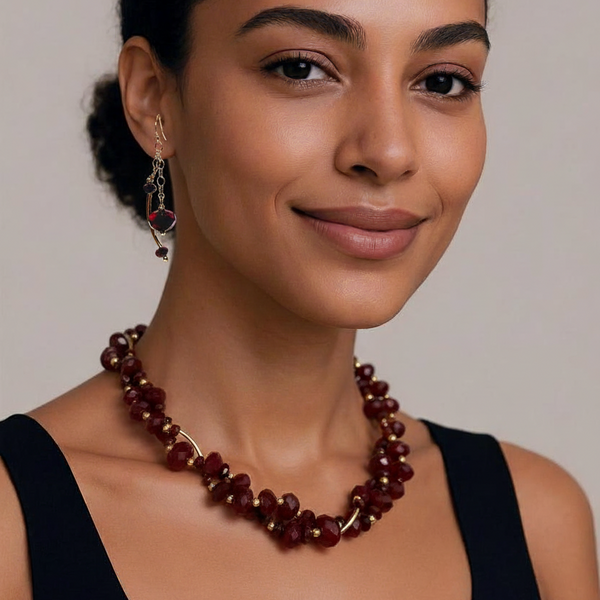 Woman wearing 4777 beaded twist necklace with #4782 Earrings