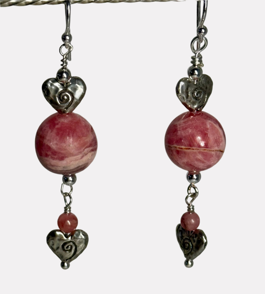 Radiant Heart - Rhodochrosite Earrings  2.25” .925 sterling silver