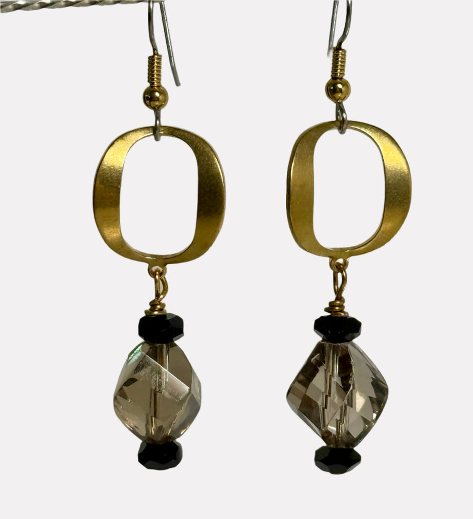 Big O Earrings - Focused Manifestation, Onyx, Smoky, Brass - gold Fill 2.75"