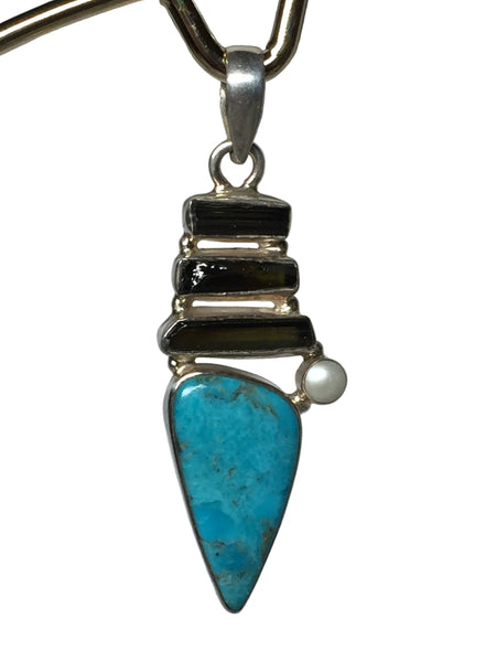 Unite Earth and Sky Pendant - Sleeping Beauty Turquoise, Green Tourmaline and Pearl .925 Sterling 2.25"