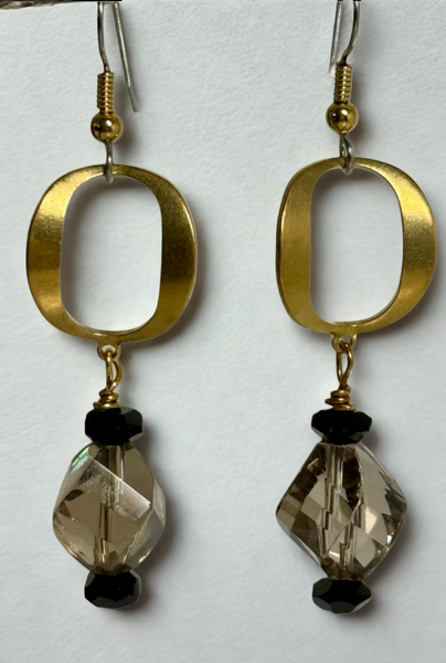 Big O Earrings - Focused Manifestation, Onyx, Smoky, Brass - gold Fill 2.75"