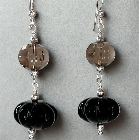 Focused Manifestation, Onyx, Smoky, Sterling Earrings 2"