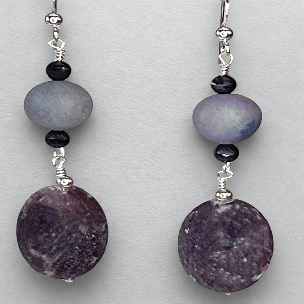 Cosmic Uplift Earring Lepidolite, Aura Druzy, Sworovski pearls, sterling silver 2.75”