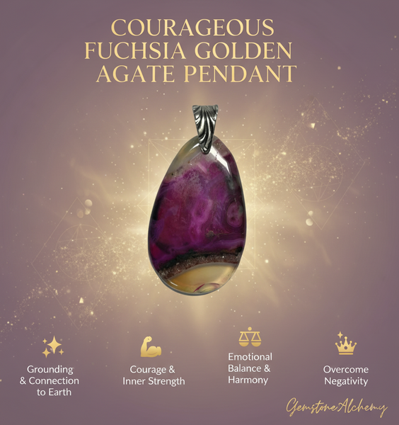 Courageous Fuchsia Golden Agate Oval Pendant - pewter bail 2.5"