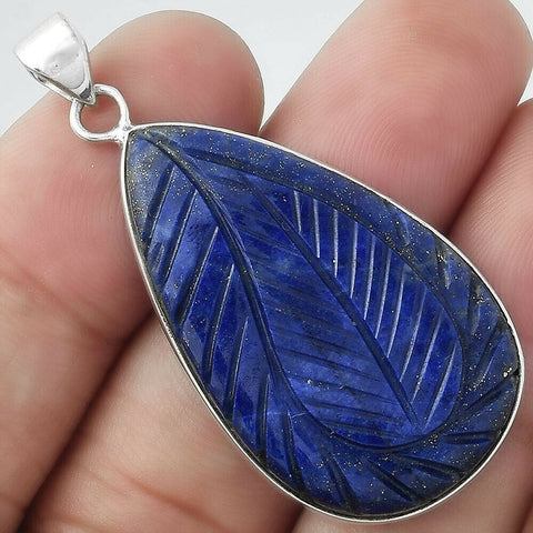 Lapis Lazuli Hand-carved Leaf Pendant 1.8" Sterling Silver .925