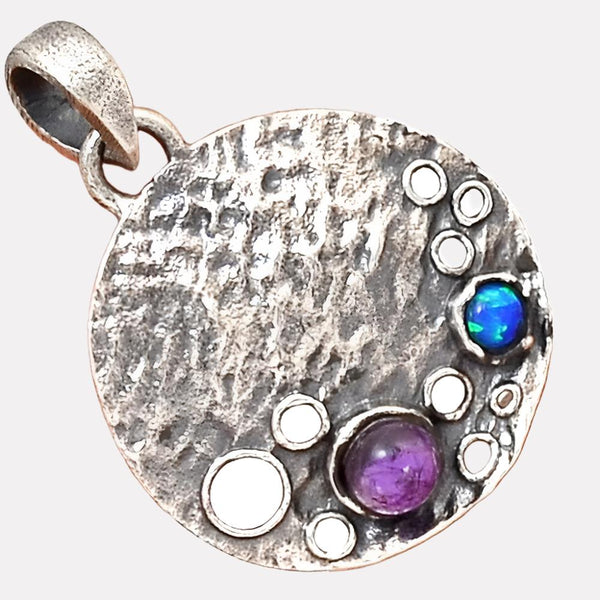 Tiny Amethyst & Fire Opal 1 1/8” Sterling Pendant