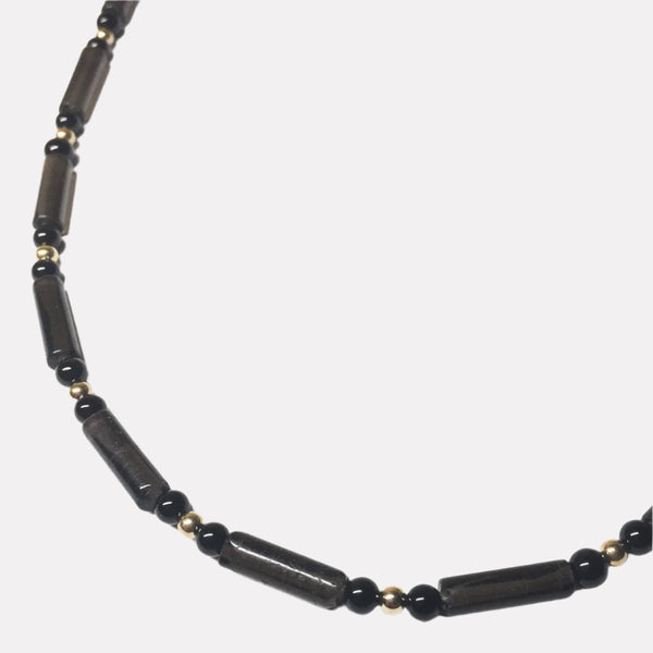 Focused Manifestation Dark Smoky Tubes Beaded Chain in Gold - Faceted smoky quartz, black onyx