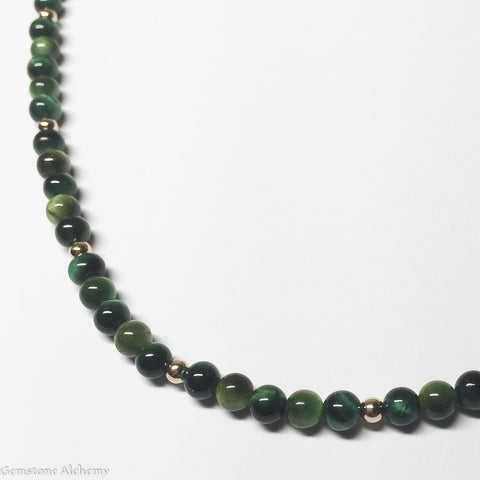 Deep Healing and Balance Beaded Chain -Dark Green Tiger Eye in Gold or Sterling