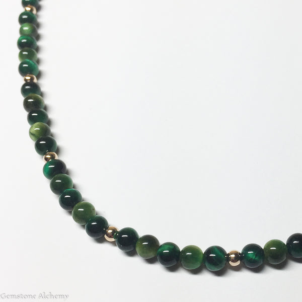 Healing and Balance Beaded Chain -Dark Green Tiger Eye in Gold or Sterling