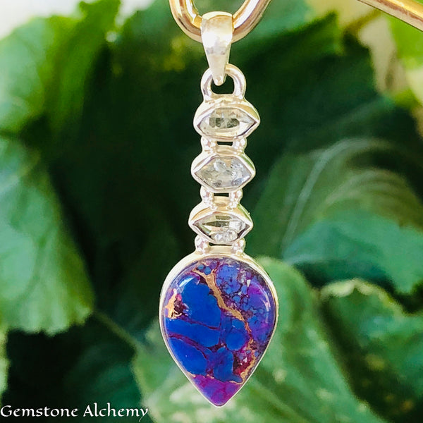 Raise your vibe - Copper Purple Turquoise & Herkimer Diamond Sterling Pendant