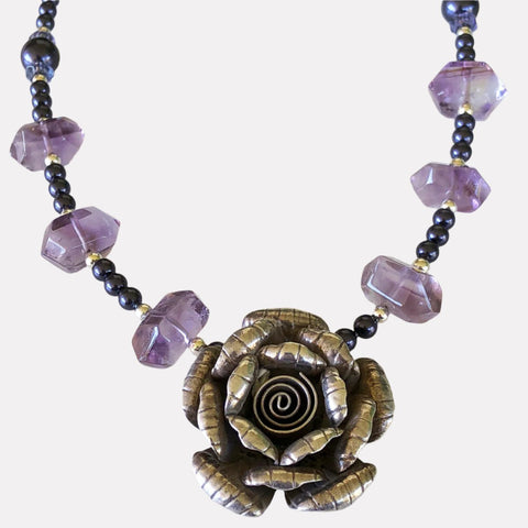 Rose of Peace & Strength - Amethyst and glass pearls